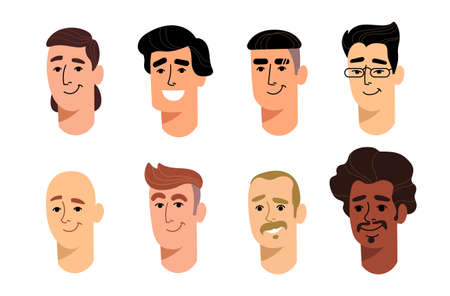 Set of colored male avatars in cartoon style for print and website design.Vector illustration.のイラスト素材