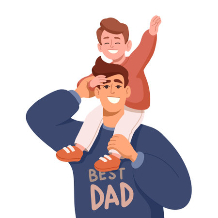 Drawing of happy dad with son sitting on his shoulders in cartoon style for print and design. Vector illustration.のイラスト素材