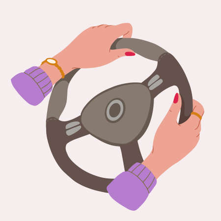 Female hands on steering wheel in flat style for print and design. Vector illustration.のイラスト素材