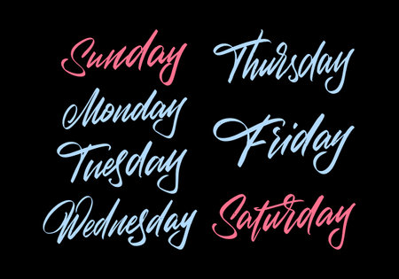 Days of the week in English lettering style on a black background for printing and design.Vector illustration.のイラスト素材