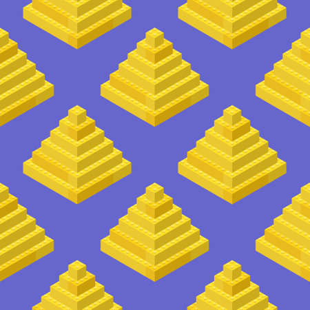 A pattern of golden pyramids assembled from plastic blocks in isometric style for printing and...