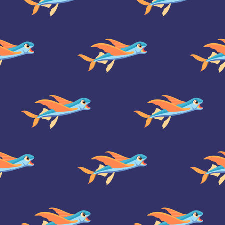 Cartoon pattern of flying fish on a blue background for printing and design.Vector illustration.のイラスト素材