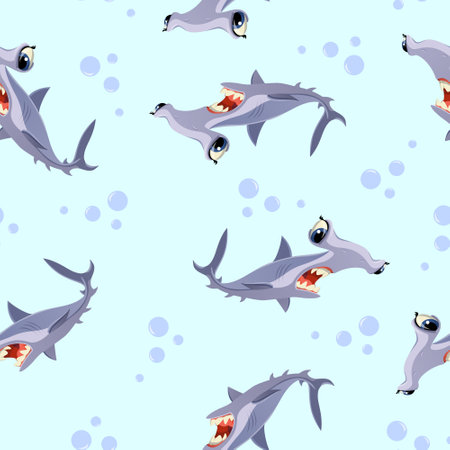 Pattern of sharks in cartoon style on a light pink background for print and design. Vector illustration.のイラスト素材