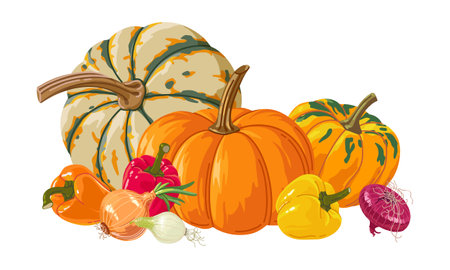 Still life of autumn vegetables, pumpkin pepper and onion. Vector illustrationのイラスト素材