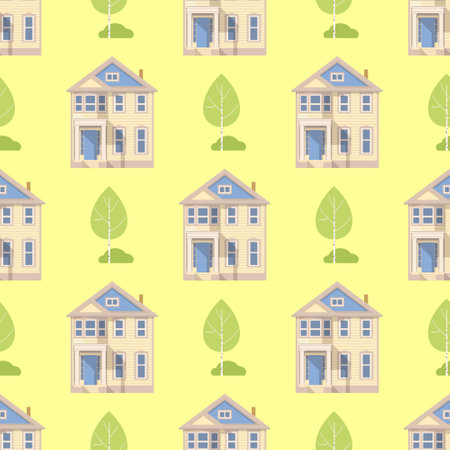 House and birch on the background of grass pattern. Vector illustrationのイラスト素材