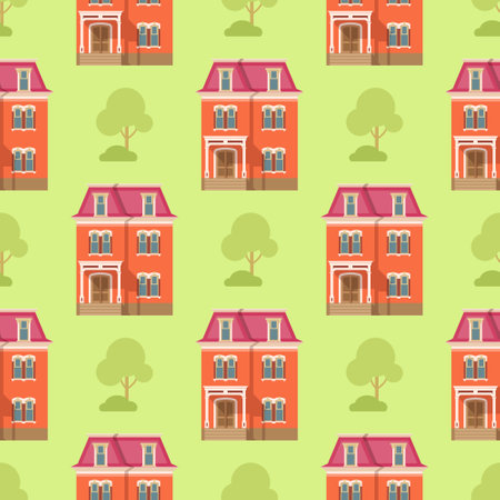 Pattern red house on a background of green grass. Vector illustrationのイラスト素材