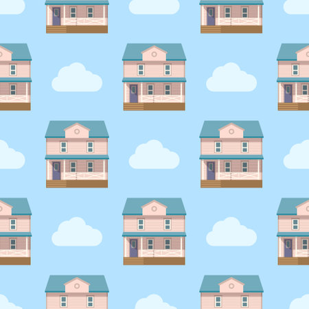 Pattern house on the background of the sky with clouds. Vector illustrationのイラスト素材