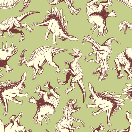 Dinosaur pattern on green background in hand drow style for print and design. Vector illustration.のイラスト素材