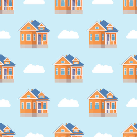 Blue pattern of houses and clouds in cartoon style for print and decoration. Vector illustration.のイラスト素材