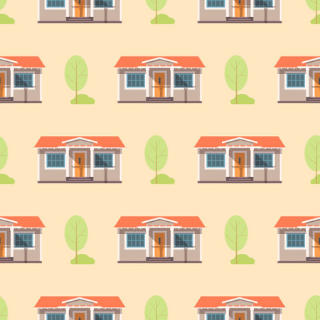 Pattern of houses, trees and bushes on a yellow background in cartoon style for print and design. Vector illustration.のイラスト素材
