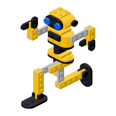 Toy yellow robot dancing, assembled from plastic cubes. Vector clipartのイラスト素材