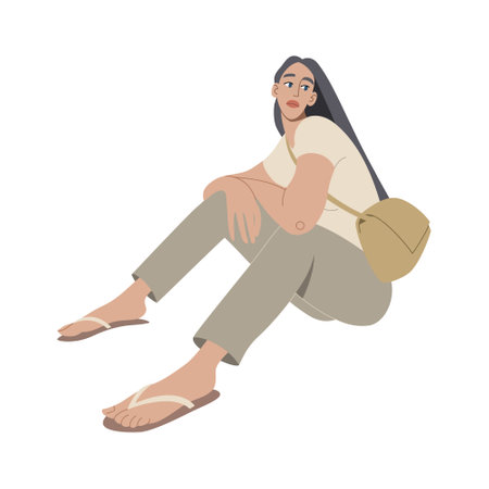 Model girl sitting in cartoon style on a white background for print and design. Vector illustration.のイラスト素材