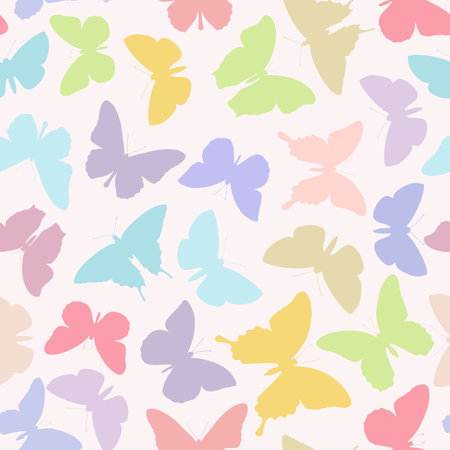 Butterfly seamless repeat pattern design background. Vector illustration. Random colorful butterfly and moth silhouettes, cute girly pastel patternのイラスト素材