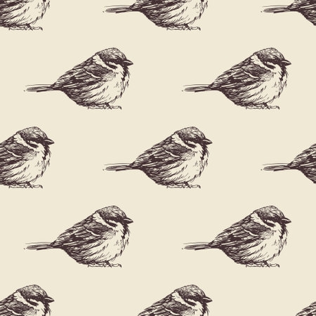 Pattern of hand-drawn birds on a milky background for printing and decoration. Vector illustration.のイラスト素材