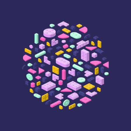 Background circle made of plastic blocks in isometric style for printing and design.Vector illustration.のイラスト素材