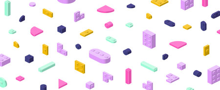 Horizontal background of plastic blocks in isometric style for print and design.Vector illustration.のイラスト素材