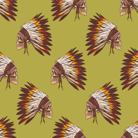 Skull pattern with indian chief headdress in hand drow style for print and design. Vector illustration.のイラスト素材