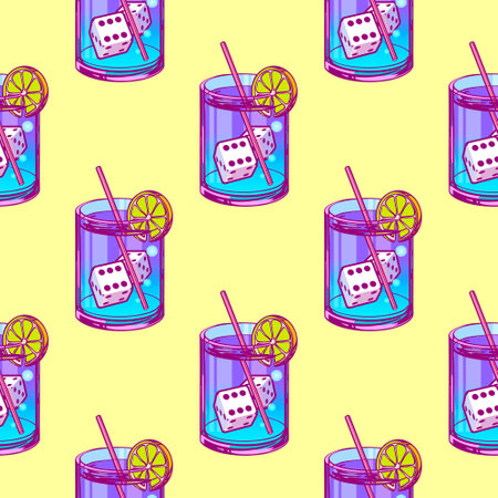 Bright pattern with cocktail and dice in pop art style for print and design. Vector illustration.のイラスト素材