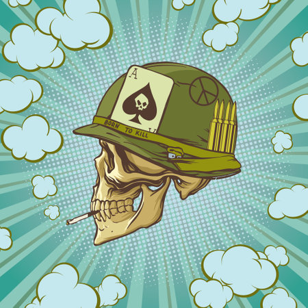 Concept skull in helmet in pop art style for print and design. Vector illustration.のイラスト素材