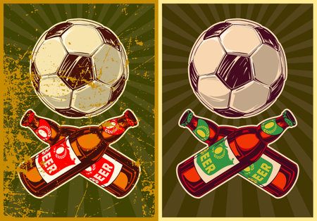 Football bar concept with balls and beer bottles in hand draw style for print and design. Vector illustration.のイラスト素材