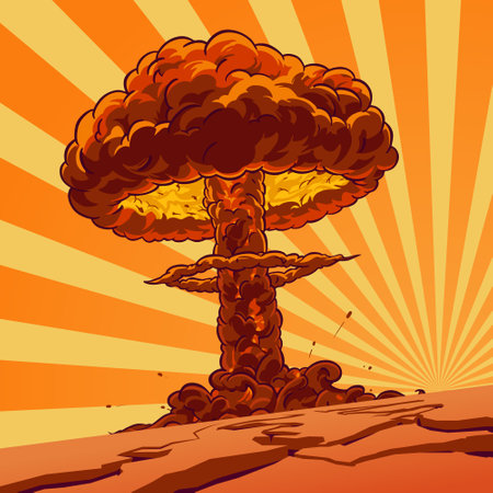 Nuclear explosion mushroom concept in cartoon style for print and design. Vector clipart.のイラスト素材