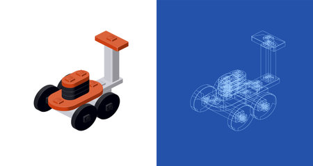 Concept with lawn mower in isometric style for print and decoration. Vector illustrationのイラスト素材