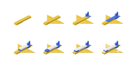 Step-by-step construction of an airplane from plastic blocks. Vectorのイラスト素材