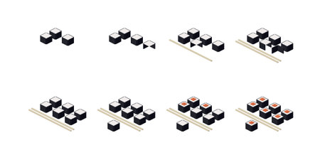 step-by-step instructions for assembling a sushi set from bricks. Vectorのイラスト素材