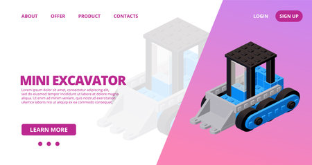 Web template with a blue excavator. Vectorのイラスト素材