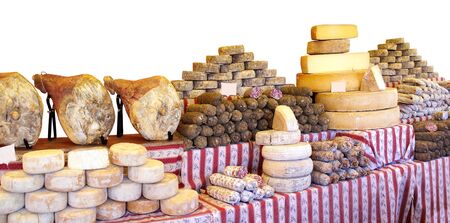 Cold meat and cheeses stall at market on white background.の写真素材