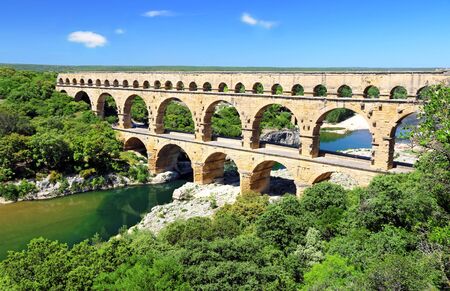 The Gard bridge on the Gard river in Occitanie, France.の写真素材