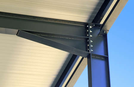 Detail of assembly by welds and bolts of the beams of an industrial premises.の写真素材