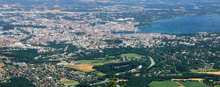 Aerial view of Geneva and the water jet on Lake Geneva.の写真素材