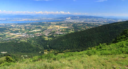 Aerial and panoramic view of the Geneva site on the shores of Lake Geneva.の写真素材