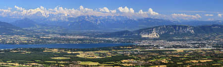 Aerial and panoramic view of the Geneva site on the shores of Lake Geneva.の写真素材