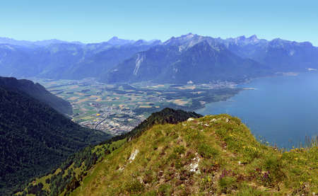 Aerial view of the eastern end of Lake Geneva, from the rocks of Naye, in Switzerlandの写真素材