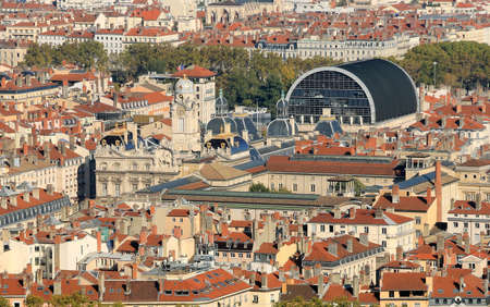 Aerial view of the historic center of Lyon near the RhÃ´ne.の写真素材