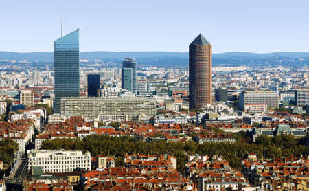 Near the old town, the recognizable towers of Lyon.の写真素材