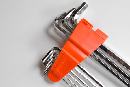 A set of allen, hex keys,Allen key or Hexagonal key also called inbus lock. Hand Mechanic Tools Hexagonal L Key. Wrench Complete Set isolated on white backgroundの写真素材