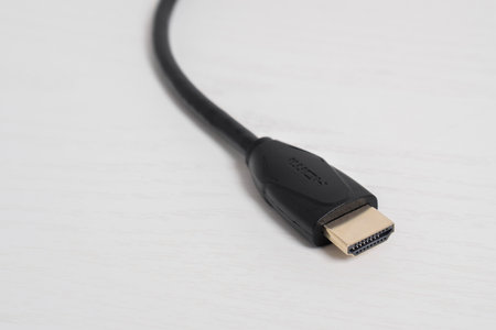 A close up of a HDMI cable connector on white backgroundの写真素材