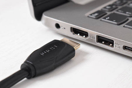 Man is connecting black HDMI cable into HDMI port of the modern laptop on white backgroundの写真素材