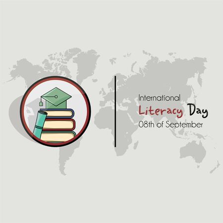 International Literacy Day vector design with logo that a hat on a pile of booksのイラスト素材