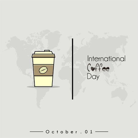 International Coffee Day with Coffee Cup Vector Cartoon and world map backgroundのイラスト素材