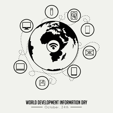 Outline (Line art) World Development Information Day with Globe and flying technology Information outline iconのイラスト素材