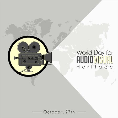 World Day For Audio Visual heritage with Classic Vintage Camcorder (old movie Camera) icon vector and world map backgroundのイラスト素材