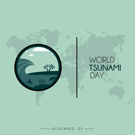 World Tsunami Day icon vector design, visible from the seashore and marine life with world mapのイラスト素材