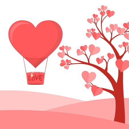Tree with Hearth Shape of leaf vector Illustration and Flying Air Balloon for template designのイラスト素材