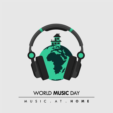 World Music Day. Music at home. Music Headset with Earth and house Design. Vector Illustrationのイラスト素材
