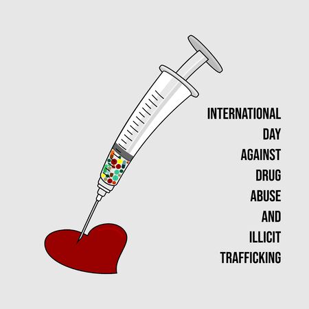 illustration for international day against drug abuse and illicit trafficking with syringe and heart broken.のイラスト素材