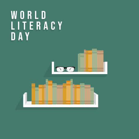 Bookshelf vector illustration. Perfect template for World Literacy Day design.のイラスト素材